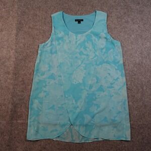 H by Halston Top Women Small Tank Floral Blue Chiffon Overlay Layered Sleeveless